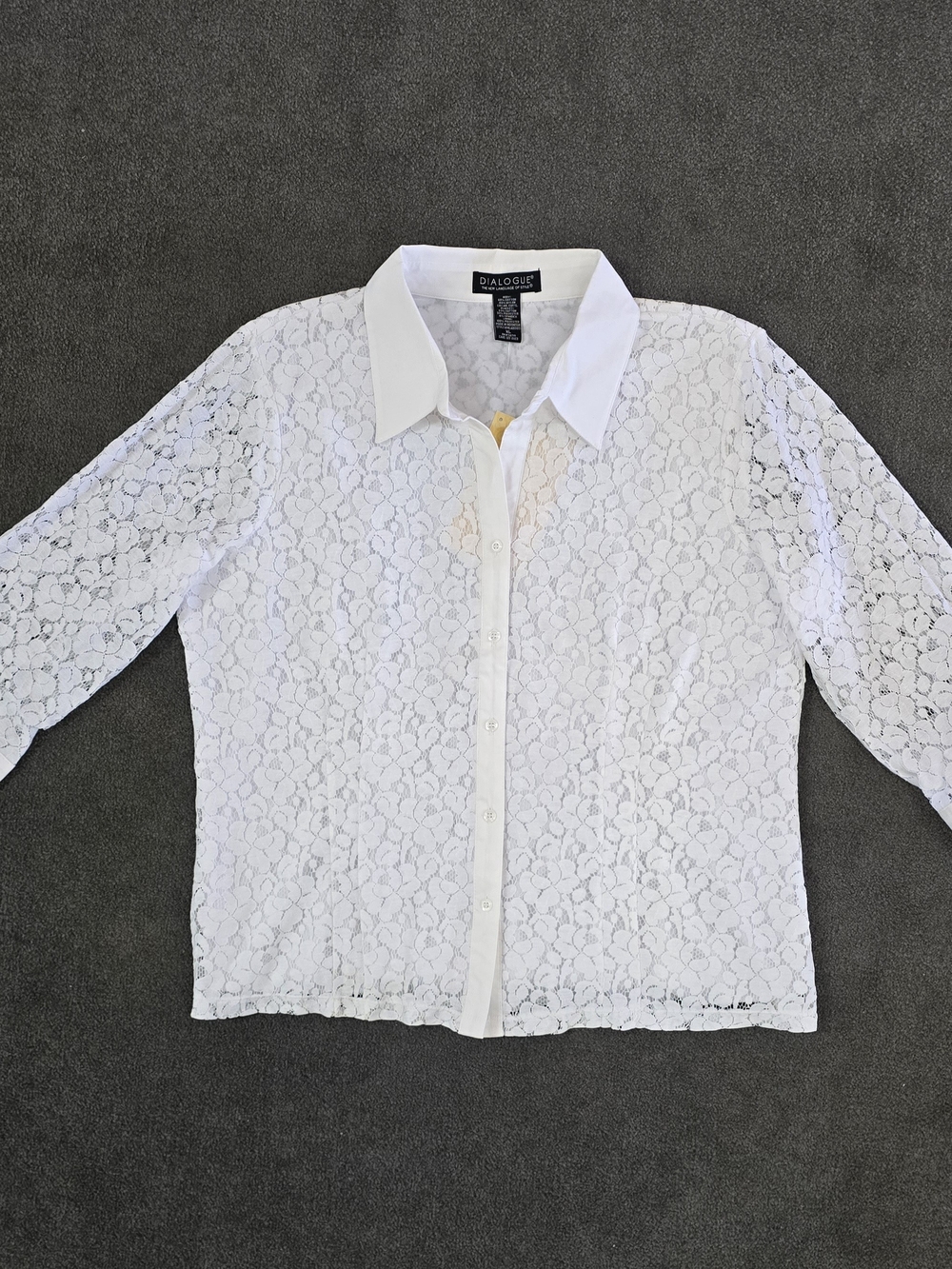 Dialogue Women's XL White Floral Lace Button Down Collared 3/4 Sleeve Blouse